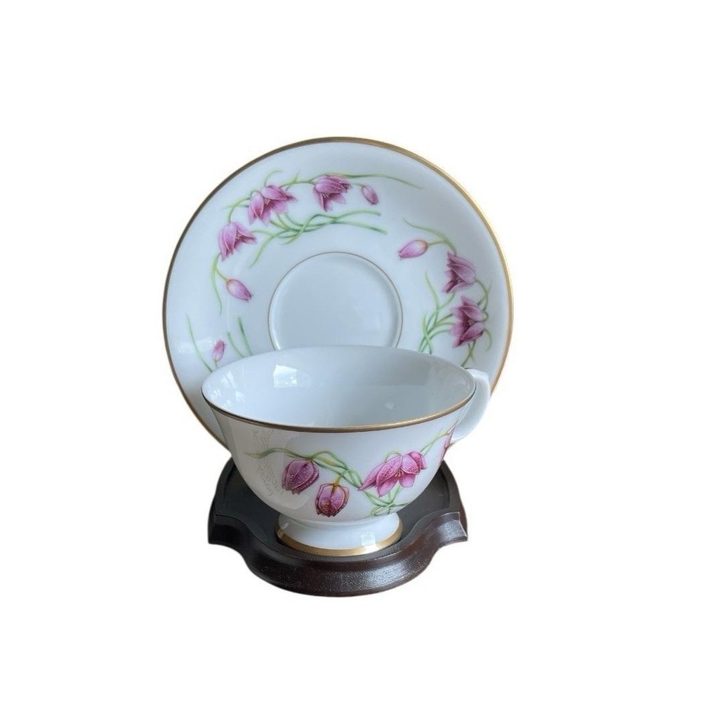 Franklin Porcelain '80 Fritillaria Teacup‎ Saucer Stand Purple Ruyckevelt Japan